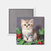 ヴィンテージクリスマスの子猫とホリー マグネット (正面/裏面)