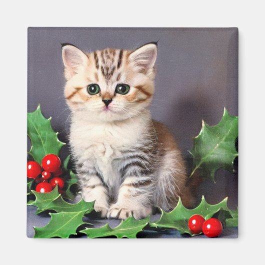 ヴィンテージクリスマスの子猫とホリー マグネット (正面)