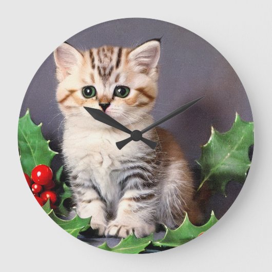 ヴィンテージクリスマスの子猫とホリー ラージ壁時計 (正面)