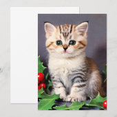 ヴィンテージクリスマスの子猫とホリー 案内状 (正面/裏面)