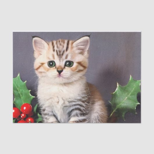 ヴィンテージクリスマスの子猫とホリー 薄葉紙 (正面)
