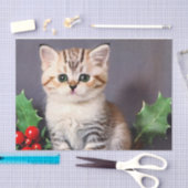 ヴィンテージクリスマスの子猫とホリー 薄葉紙 (クラフト)