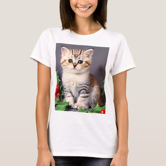 ヴィンテージクリスマスの子猫とホリー Tシャツ (正面)