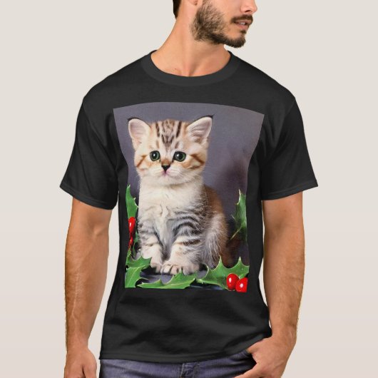 ヴィンテージクリスマスの子猫とホリー Tシャツ (正面)
