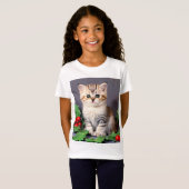 ヴィンテージクリスマスの子猫とホリー Tシャツ (正面フル)