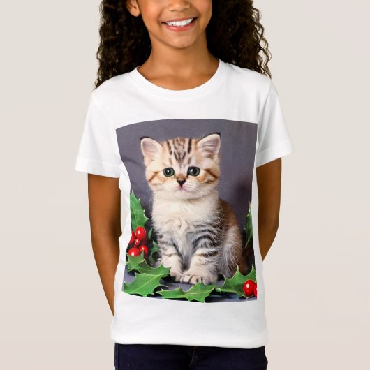 ヴィンテージクリスマスの子猫とホリー Tシャツ (正面)