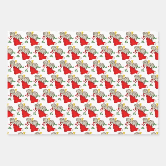 ヴィンテージクリスマスの子猫と子犬 ラッピングペーパーシート (正面)