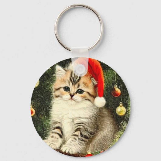 ヴィンテージクリスマスの子猫 キーホルダー (正面)