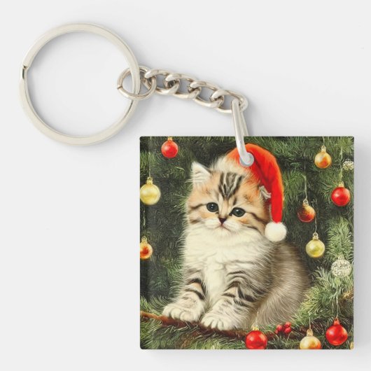 ヴィンテージクリスマスの子猫 キーホルダー (正面)