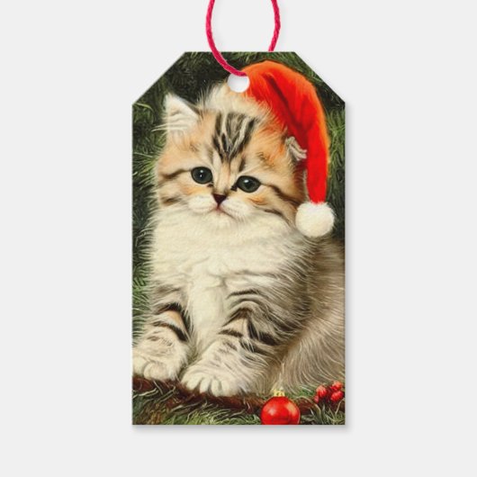 ヴィンテージクリスマスの子猫 ギフトタグ (正面)