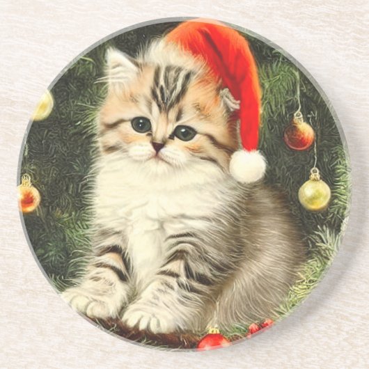 ヴィンテージクリスマスの子猫 コースター (正面)