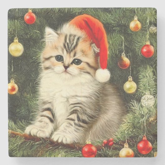 ヴィンテージクリスマスの子猫 ストーンコースター (正面)
