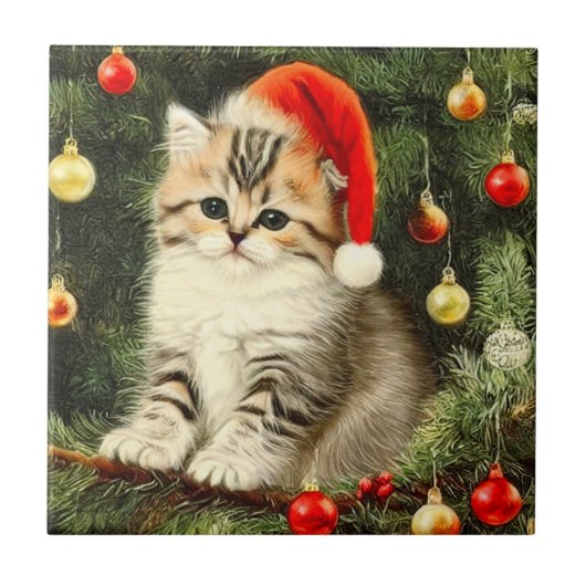 ヴィンテージクリスマスの子猫 タイル (正面)