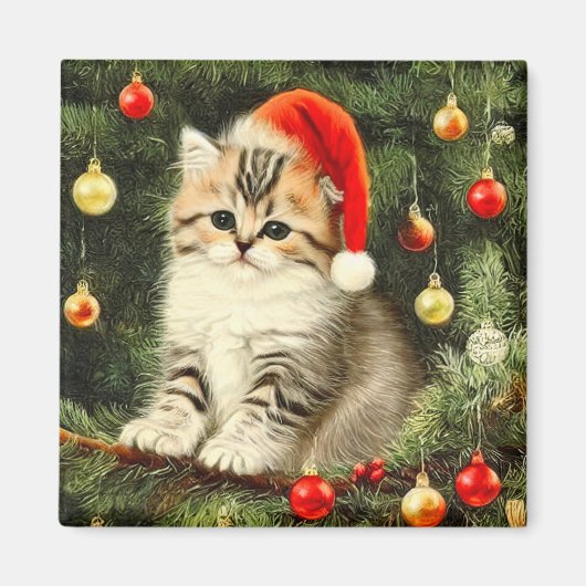 ヴィンテージクリスマスの子猫 マグネット (正面)