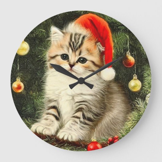 ヴィンテージクリスマスの子猫 ラージ壁時計 (正面)