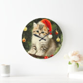 ヴィンテージクリスマスの子猫 ラージ壁時計 (ホーム)