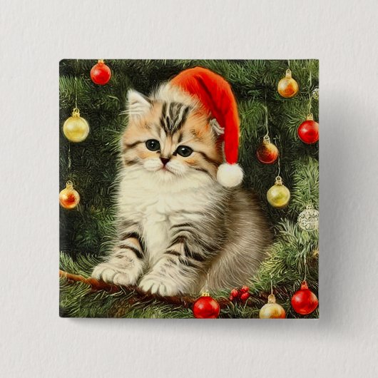 ヴィンテージクリスマスの子猫 缶バッジ (正面)