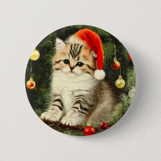 ヴィンテージクリスマスの子猫 缶バッジ (正面)