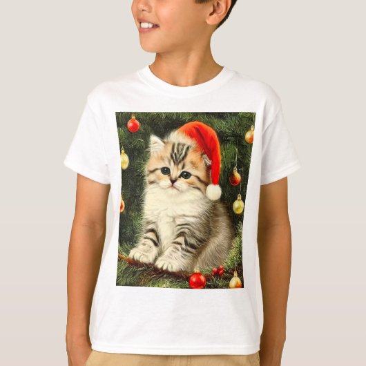 ヴィンテージクリスマスの子猫 Tシャツ (正面)