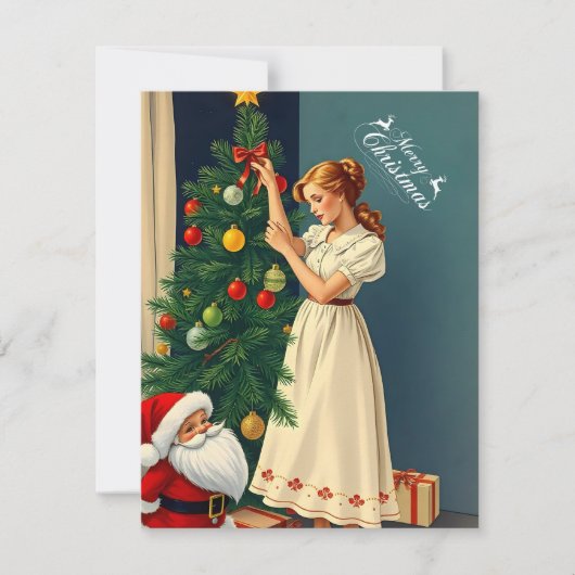 ヴィンテージクリスマスの少女がツリーを飾る シーズンカード (正面)