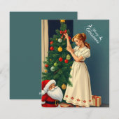 ヴィンテージクリスマスの少女がツリーを飾る シーズンカード (正面/裏面)