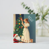 ヴィンテージクリスマスの少女が木を飾る シーズンカード (スタンド正面)
