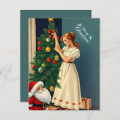 ヴィンテージクリスマスの少女が木を飾る シーズンカード (正面/裏面)
