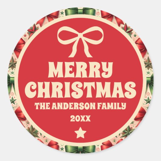ヴィンテージクリスマスの星と弓 ラウンドシール (正面)