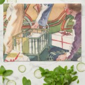 ヴィンテージクリスマスの朝、プレゼントを持つ子供たち キッチンタオル (折り畳み)