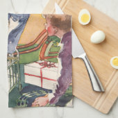 ヴィンテージクリスマスの朝、プレゼントを持つ子供たち キッチンタオル (四つ折り)