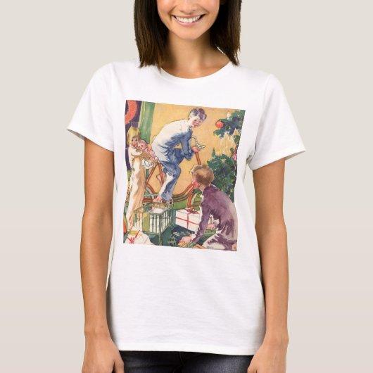 ヴィンテージクリスマスの朝、プレゼントを持つ子供たち Tシャツ (正面)