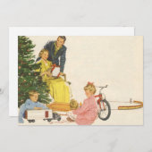 ヴィンテージクリスマスの朝、家族でプレゼントを開ける シーズンカード (正面/裏面)