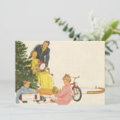 ヴィンテージクリスマスの朝、家族でプレゼントを開ける シーズンカード (スタンド正面)