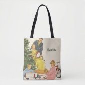 ヴィンテージクリスマスの朝、家族でプレゼントを開ける トートバッグ (正面)