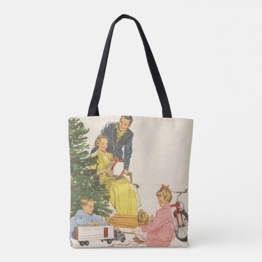 ヴィンテージクリスマスの朝、家族でプレゼントを開ける トートバッグ (裏面)