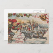 ヴィンテージクリスマスの氷のスケートで滑ると犬 シーズンポストカード (正面/裏面)
