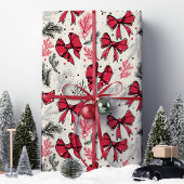 ヴィンテージクリスマスの葉と赤いリボン ラッピングペーパー
