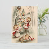 ヴィンテージクリスマスの赤ちゃん天使が木を飾る シーズンカード (スタンド正面)