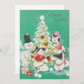 ヴィンテージクリスマスの雪だるまが木の周りで踊る シーズンカード (正面/裏面)