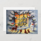 ヴィンテージクリスマスの雪だるま動物 ホリデーポストカード (正面/裏面)