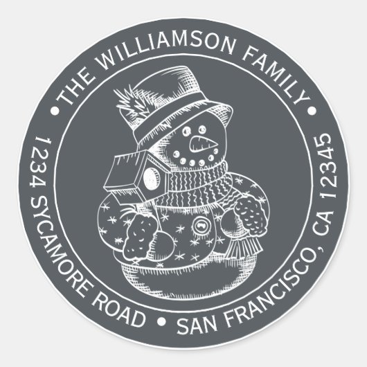 ヴィンテージクリスマスの雪だるま 黒 返信先住所 ラウンドシール (正面)