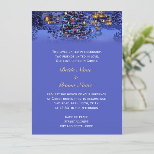 ヴィンテージクリスマスの雪の夜の宗教的な結婚式 招待状 (スタンド正面)