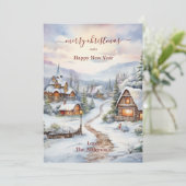 ヴィンテージクリスマスの雪の村の家と松の木 シーズンカード (スタンド正面)