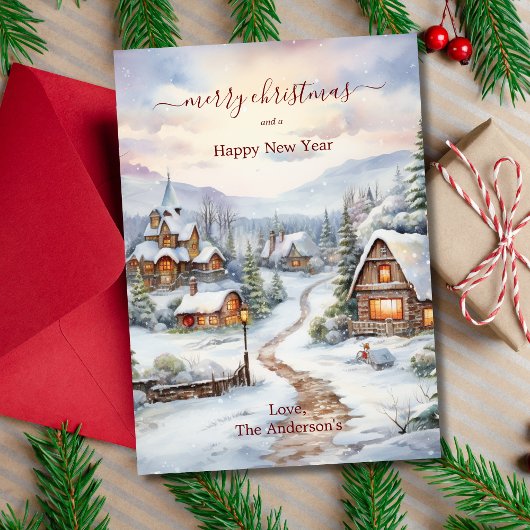 ヴィンテージクリスマスの雪の村の家と松の木 シーズンカード
