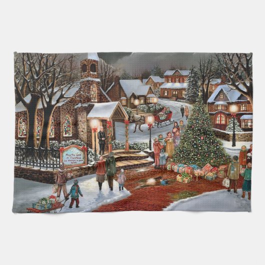 ヴィンテージクリスマスの雪の風景 キッチンタオル (横)