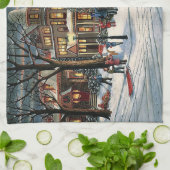 ヴィンテージクリスマスの雪の風景 キッチンタオル (折り畳み)