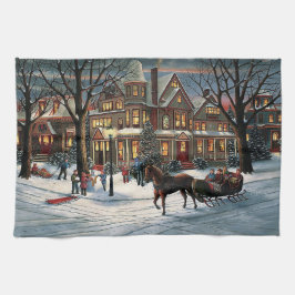 ヴィンテージクリスマスの雪の風景 キッチンタオル