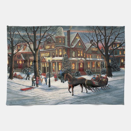 ヴィンテージクリスマスの雪の風景 キッチンタオル (横)