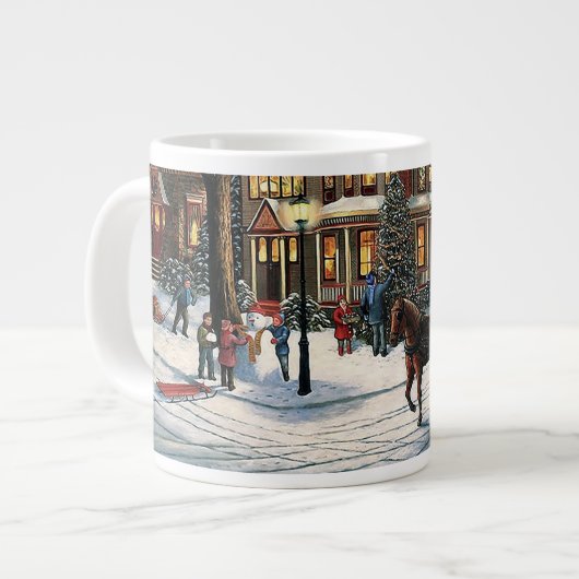 ヴィンテージクリスマスの雪の風景 ジャンボコーヒーマグカップ (正面左)