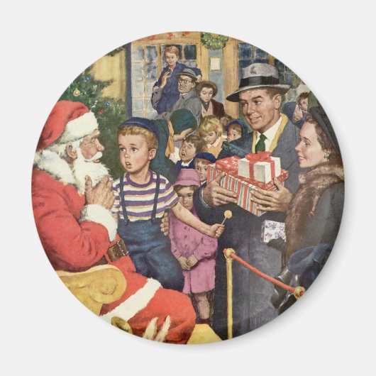 ヴィンテージクリスマスの願い、サンタの膝上の少年 マグネット (正面)